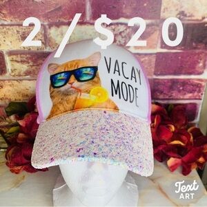 Pink and White Sparkly Vacay Mode Cat Trucker Hat